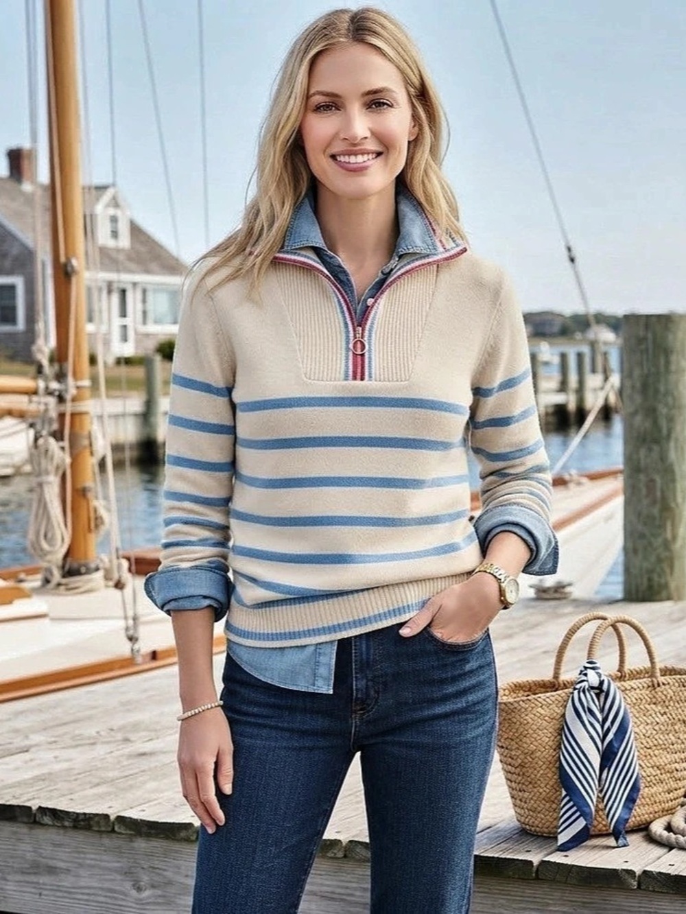 J.Crew Factory Coastal Preppy Striped Half Zip Pullover Sweater Blue Cream Size